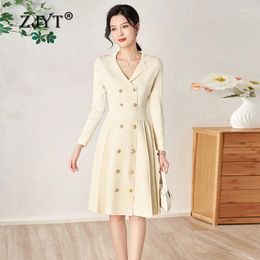 Casual Dresses ZJYT Women's Double Breasted Buttons Knitting Sweater Long Sleeve Knitwears Elegant Spring Knit Dress Black Beige Robes