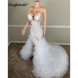 Sexy Sparkly White Prom 2023 Crystal Beads Sequins Ruffle Bottom Graduation Birthday Party Dress Robe De Bal