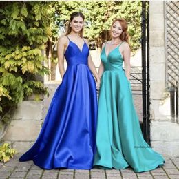 Royal Blue A Line Prom Turquoise Satin Formal Evening Party Custom Made V Szyjka