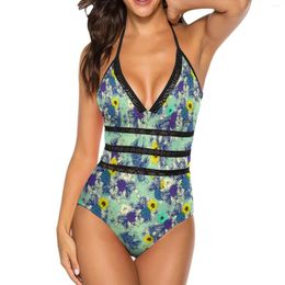 Women's Swimwear Botanical Blues Ligth Sexy Mesh Patchwork One-Piece Swimsuit Female Monokini Bathing Suit Pattern