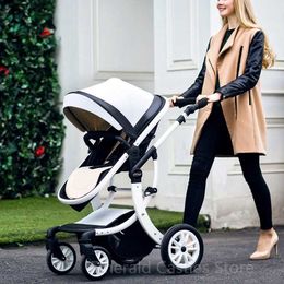 Strollers# Leather 2 in 1 Baby StrollerTwo Way StrollerCar Seat Newborn Bassinettravel white folding baby strollerbaby Carriage Pram T240509