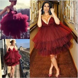 Sexy Tier Tulle Bury Homecoming Dresses Spaghetti Straps Sleeveless Knee Length Tail Party Gowns Celebrity Mini Prom Dress Q148 0510