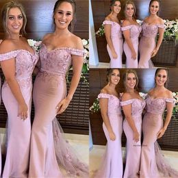 African Pink Bridesmaid Dresses Mermaid Off Shoulder Lace Appliques Flowers Long Floor Length For Wedding Guest Dress Party Gowns L45 0510