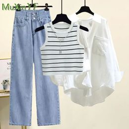 Womens 2024 Summer Casual Denim Wide Leg Pants Matching Set Korean Elegant Sunscreen ShirtTank TopJeans Three Piece Suit 240510