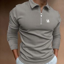 Spring Autumn Men Long Sleeve Zipper Polo Shirt Casual Golf Stripe 240418