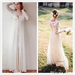 Boho Lace Bohemian Country Wedding Chiffon Beach Gowns Long Sleeve Maternity Bridal Dresses Custom Made 0510