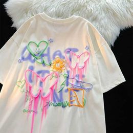 Women's T-Shirt Harajuku Butterfly Flower Childlike Painting T Shirts dents Girls Kawaii Ts Pure Cotton Summer Y2K Tops Korean Fashion 2023 Y240509