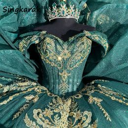 Зеленая Quinceanera 2024 Off Кружевая кружевная аппликация хрустальные бусины сладкие 16 платья шнурки с шариковыми платьями