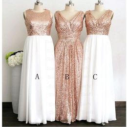 2018 Rose Gold Sequin Top White Chiffon Skirt Long Cheap Bridesmaids Dresses V neck Jewel Style Ruched For Wedding Country Prom Formal 271z