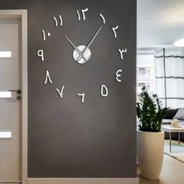 Wall Clocks Arabic numeral DIY giant wall clock acrylic mirror effect sticker frameless large silent watch home decoration Q240509
