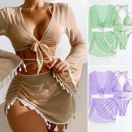 Women's Swimwear Fringed Swimsuit Stylish 4pcs Bikini Set With Flared Sleeve Cover Up Tops Halter Bra Swim Thong High Waist For Beachwear