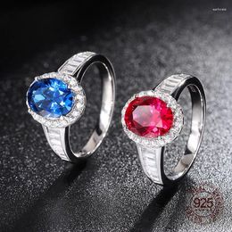 Cluster Rings 7x9mm Oval Shape Blue Sapphire Red Ruby Cubic Zircon 925 Sterling Silver Women Lady Finger Ring