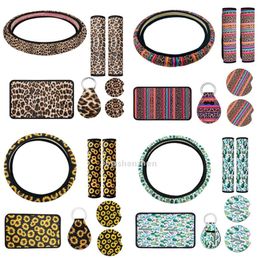 Party Gift 7pcs/set Leopard Print Car Accessories Car Neoprene Steering Wheel Cover Coasters Keyring Holder Armrest Pad Covers and Seat Belt Pads3551565
