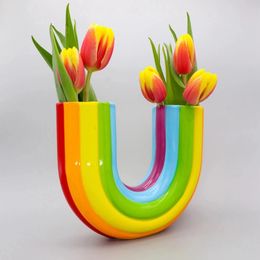 Creative Rainbow U Shape Vase Dried Flower Vase Resin Arrangement Planter Flowerpot Home Decor Modern Simple Aesthetic Ornaments 240510