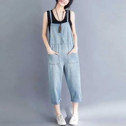 Kvinnors jumpsuits rompers överdimensionerade blå playsuits denim jumpsuits för kvinnor sommaren lösa höga midja breda benbyxor för kvinnor kläder enstycken y240510