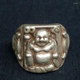 Decorative Figurines Old Collection China Tibet Silver Carving Happy Maitreya Buddha Statue Ring Wonderful Decoration Gift