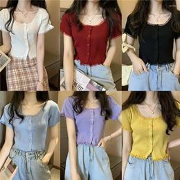 Women's T Shirts Summer Spring Lace T-shirt Korean Style Slim Fit Button Knitted Cardigans Stylish Crop Top