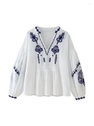 Women's Blouses Women Elegant Blue Embroidery Print Summer White Loose Blouse Chic Lady V-Neck Long SLeeve Pleated Elastic Tops