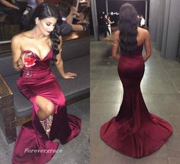 Sweetheart Burgundy Mermaid Long Prom Dress Side Slit Satin Formal Evening Party Gown Custom Made Plus Size4551651
