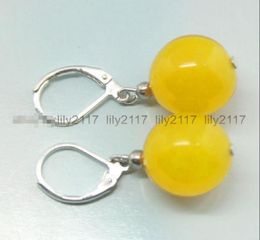 PrettyHandmade production 12mm Yellow Jade Round Beads Silver earrings1398068