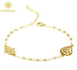 Charm Bracelets FINE4U B228 Stainless Steel Muslim Hamsa Charms Bracelet 3mm Gold Colour Beads Islam Koran Rosary Jewellery For Women7885666