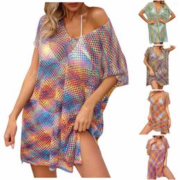 Sexy Knitted Hollow Out Beach Dress V Neck Side Slit Short Sleeve Cover Up Women Tunic Swimsuit Summer Bathing Suit Beachwear