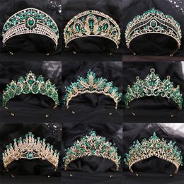 Green Crystal Crown Gold Color Tiaras and Crowns for Women Accessories Rhinestone Hair Jewelry Party Headpiece Bridesmaids Gift 240510
