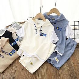 Baby boy clothing set summer hoodie T-shirt and shorts set childrens waffle patch work clothes 240428