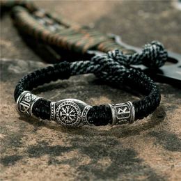 Charm Bracelets MKENDN Vintage Norse Viking Rune Amulet Bead Survival Bracelet Men Women Handmade Woven Adjustable Wristband Paracord Jewellery Y240510