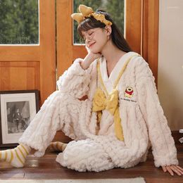 Women's Sleepwear 2 Pieces Set Home Clothes For Women Winter Warm Flannel Nightwear Sleeping Tops Long Pant Pyjamas V Neck Kimono Pjs