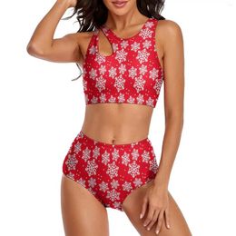 Women's Swimwear Sexy Red Snowflake Bikini Swimsuit Christmas Sweet High Waist Graphic Bikinis Set Cut Bathing Suit