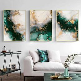 Nordic green and gold fashionable marble posters wall art aesthetics canvas printing pictures living room bedroom home decoration J240505