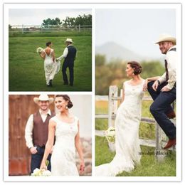 Vintage Country Portrait Open Backless Lace Wedding Gowns Applique Robe De Mariee Rustic Bridal Dresses Boots 0510