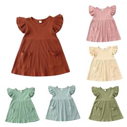 Girl Dresses Summer Girls' Dress Solid Color Flying Sleeve Strip Children's Skirt Version A Line Long Casual