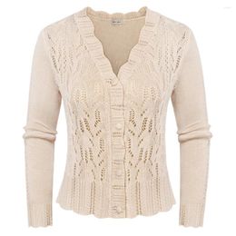 Women's Knits Women Cardigan Sweater Hollowed-Out Long Sleeve V-Neck Button-Up Blues Mujer Vintage Casual Shirts