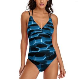 Women's Swimwear Women Bikini One-piece Swimsuit Blue Wave Bottom Floral Print Ruffle Bathing Suits