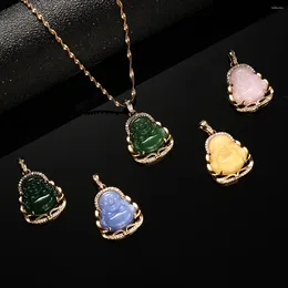 Pendant Necklaces Fashion Chinese Style Crystal Zircon Green Blue Pink White Yellow Buddha For Women Amulet Maitreya Jewellery