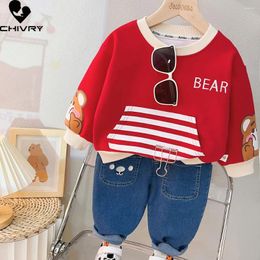 Clothing Sets 2024 Kids Baby Autumn Cute Cartoon Bear Striped Sweatshirt Sports Tops With Denim Pants Boys Girls Fashion