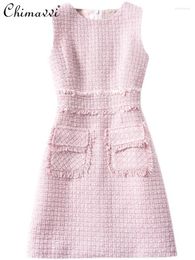 Casual Dresses Elegant Debutante Tweed Tassel Round Neck Sleeveless High Waist Slim Fit A-Line Pink Sweet Mini Birthday Dress Women 2024