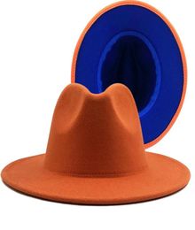 Wide Brim Hats Outer ORANGE Simple Inner BLUE Wool Felt Jazz Fedora With Thin Belt Buckle Men Women Panama Trilby Cap 565860CM2985420