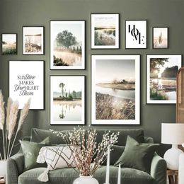 ers Painting Wall Art Canvas Green Grassland Tree White Flower River Nordic Posters And Prints Wall Pictures For Living Room Decor J240505