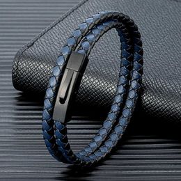 Charm Bracelets MKENDN Matte Black Stainless Steel Leather Bracelet Men Women Handmade Woven Double-Layer Design Simple Style Jewellery Gift Y240510