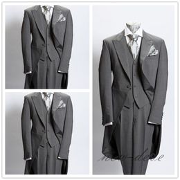 Wedding Tuxedos Dim Grey Trim 3Pcs Men's Suits With Tail Coat Slim Fit British Plaid Custom Tuxedos Jacket Pants Vest 342K