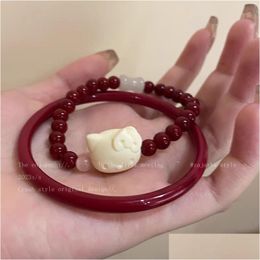 Beaded Little Cat Red Bracelet Female Chinese Retro Versatile Handmade Bangle Hand Drop Delivery Jewelry Bracelets Dhgarden Dhmro