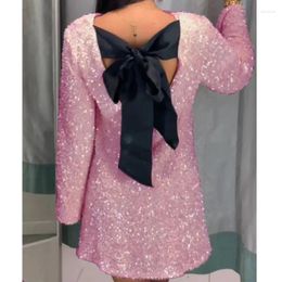 Casual Dresses Fashion Party Club Evening Banquet Robe Women Sexy Backless Sequin Lace Up Bow O-Neck Long Sleeve Dress Vestidos Mujer 30499