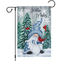 Heyfibro Hello Gnome Flag 12x18 Double Sided Burlap Cardinals Snowflakes Snow Garden Yard Flags for Winter Christmas Seasonal Outside Outdoor House Decoration