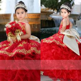 Gold Embroidered Quinceanera Dresses Mini Little Toddlers Big Bow Ball Gown Ruffle Diamands Spaghetti Strapless Pageant Flower Girl Dre 319O