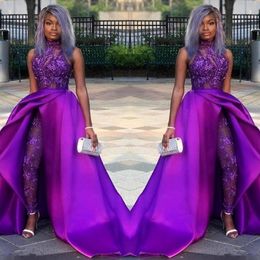 Prom Jumpsuits Dresses With Detachable Train High Neck Lace Appliqued Evening Gowns African Party Women Pant Suits BC2479 258W