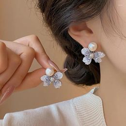 Stud Earrings Korean Design Elegant Gradient Blue Flower Pearl For Women Fashion Sweet Crystal Jewelry Gifts