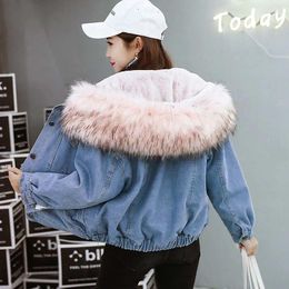 Women's Jackets With Fur Trim Hood Cotton Liner Long Denim Women Winter Hardy Warm Coats Female Loose Outerwear